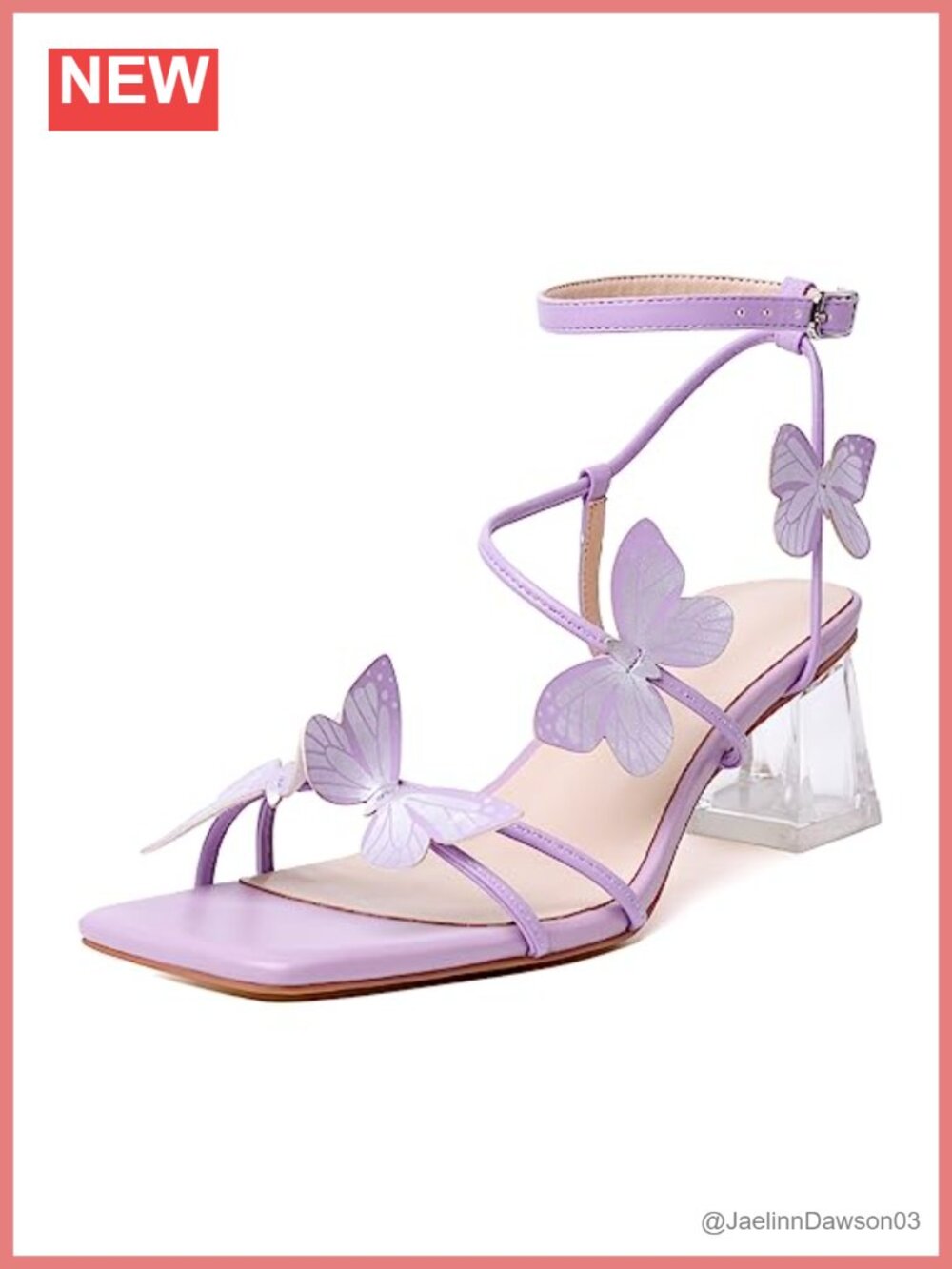 Women's Square Open Toe Ankle Strap Block Heel Sandals Butterfly Clear Low